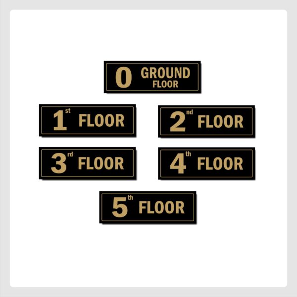 Five Floor Lifts Lobby Stair case Acrylic Sign Board Gold color 2mm thickness 15 x 5 inches Pack of 6