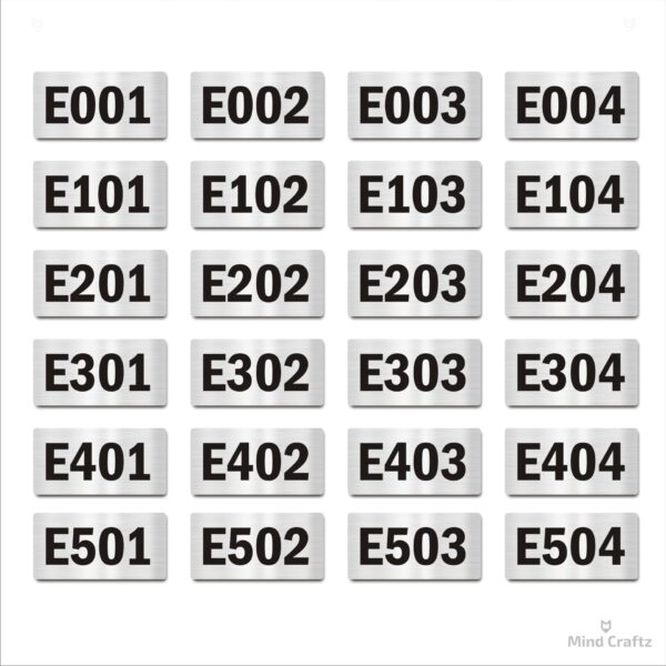 E001 Combo 4 Door Number Plates with Floors 6 Set (Pack of 24) Tower Apartments Building E Series | Printed Silver Acrylic Black Brush Finish Plate with Double Side Tape on Backside
