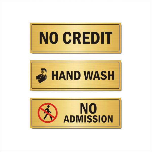 No Credit | Hand wash | No Admission Combo Acrylic Sign Board Gold Color 12x4 Inches | 2mm thick | Pack of 3 |Suitable for Restaurants, shops, Canteens etc. Mindcraftz