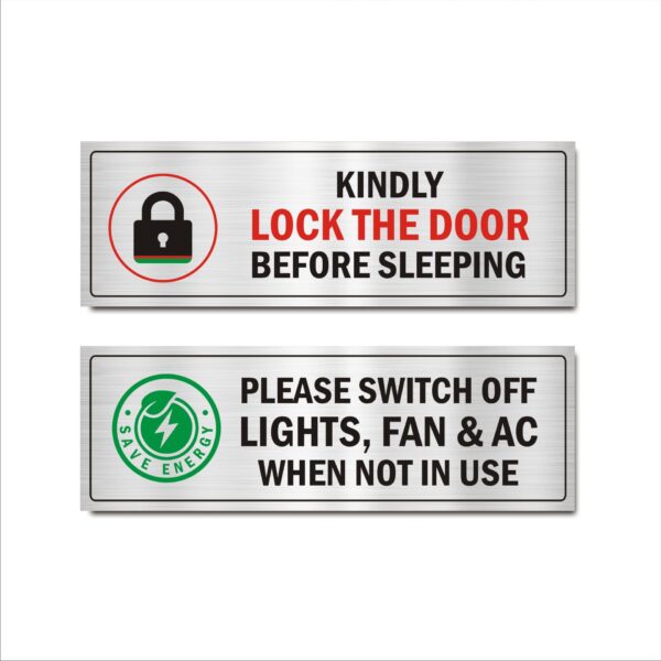 Kindly Lock The Door Before Sleeping, Please switch off light, fan, AC When not in use Acrylic Sign Board 15 x 5 Inches Silver Color for Hospital, Clinics Pack of 2| Mindcraftz