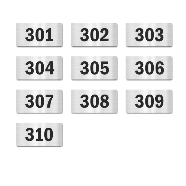 Door Numbers 301 to 310 Acrylic Board Small Silver Color 2mm Thick 4 x 2 Inches Pack of 10. Suitable for Third Floor Buildings, Flats, Apartments, Racks, Shelfs for Arranging | Mindcraftz