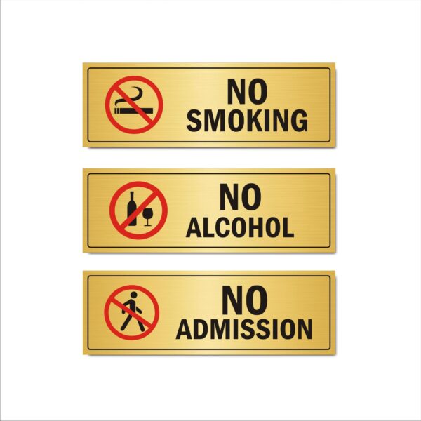 No Smoking | No Alcohol | No Admission Combo Acrylic Sign Board Gold Color 12x4 Inches | 2mm thick | Pack of 3 |Suitable for Restaurants, Hotels, Dining Area, Tea shops, Canteens etc. Mindcraftz