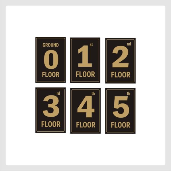 Five Floors Lifts Lobby Stair case Acrylic Sign Board Gold color 2mm thick 12 x 8 inches Pack of 6