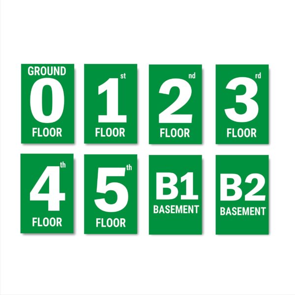 Green Color Floor Numbers Signboards Display stickers for five floor buildings 12 x 8 inches Pack of 8