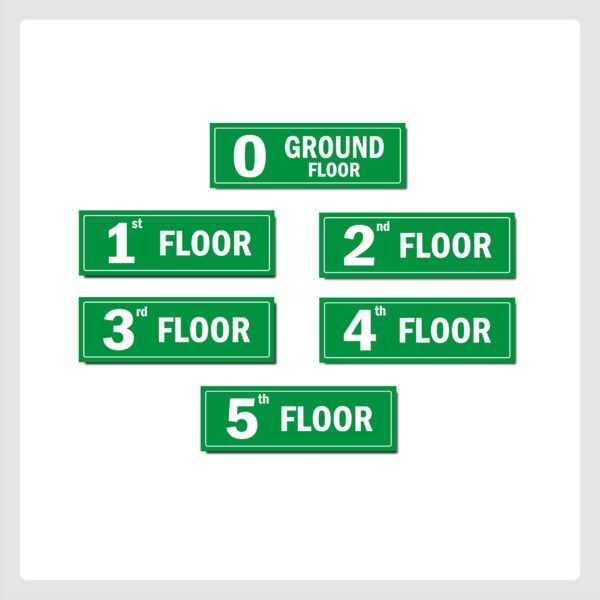 Five Floor Lifts Lobby Stair case Acrylic Sign Board Green color 2mm thickness 15 x 5 inches Pack of 6