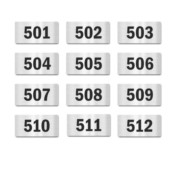 Door Numbers 501 to 512 Acrylic Board Small Silver Color 2mm Thick 4 x 2 Inches Pack of 12. Suitable for Fifth Floor Buildings, Flats, Apartments, Racks, Shelfs for Arranging | Mindcraftz