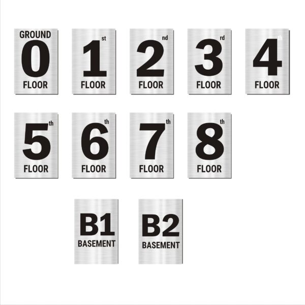 Silver Color Floor Numbers Signboards Display stickers for eight floor buildings 12 x 8 inches Pack of 11