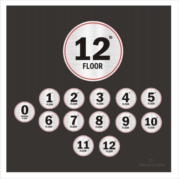 G Plus Twelve floors Round Red Border style Stairs Lifts Lobby Acrylic Sign Board